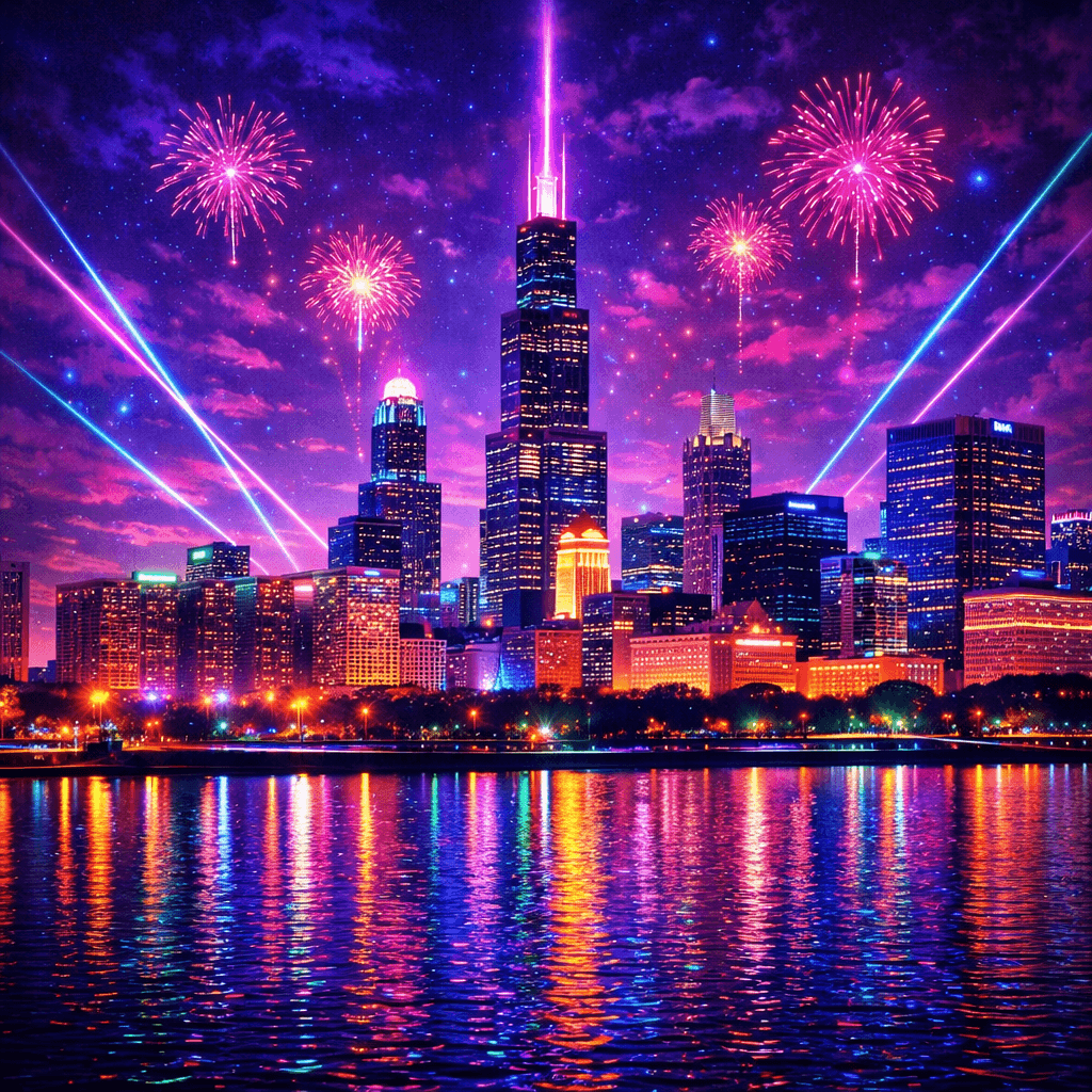 Chicago Skyline with Neon Lights