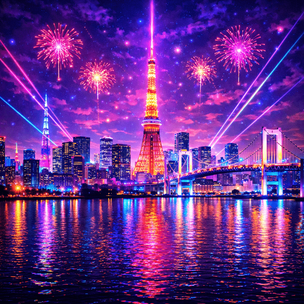 Tokyo Skyline with Fireworks and Lasers