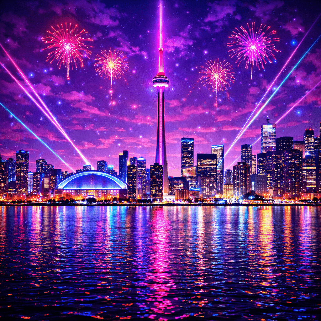 Toronto Skyline at Night with Fireworks
